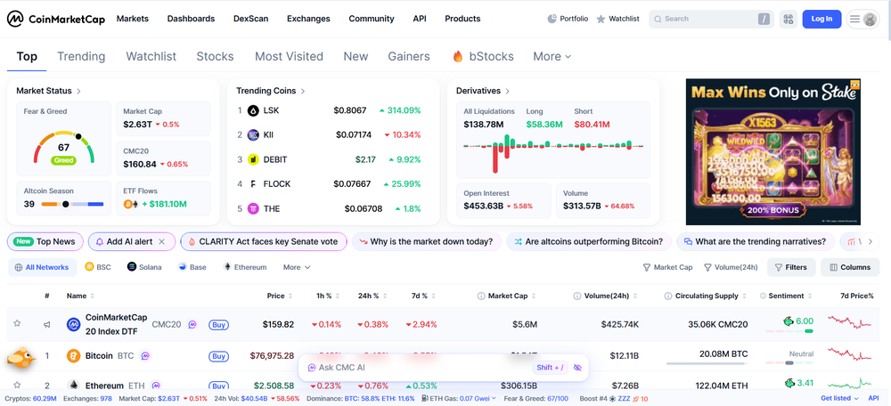 CoinMarketCap homepage with cryptocurrency rankings