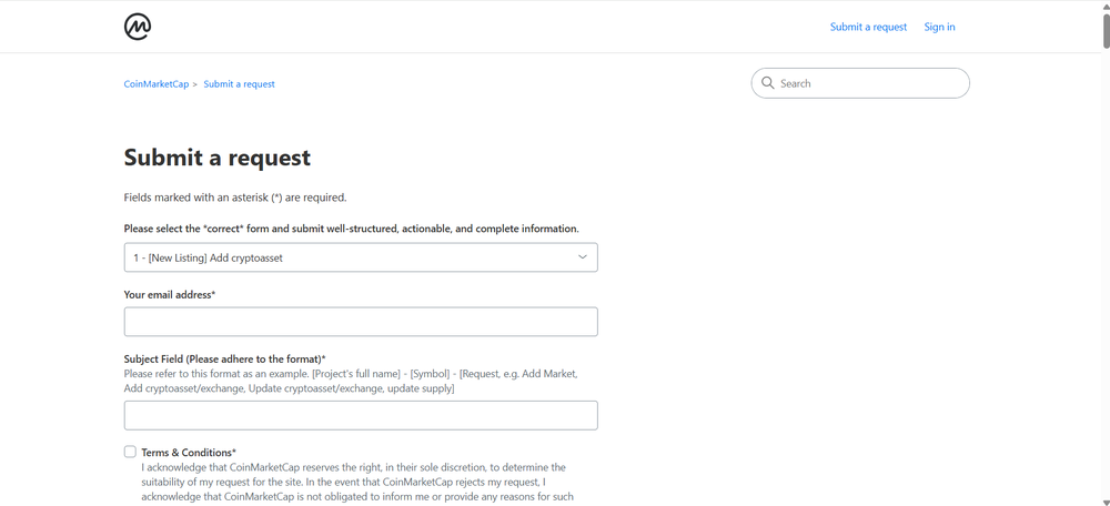 CoinMarketCap listing request form to list a token on CoinMarketCap