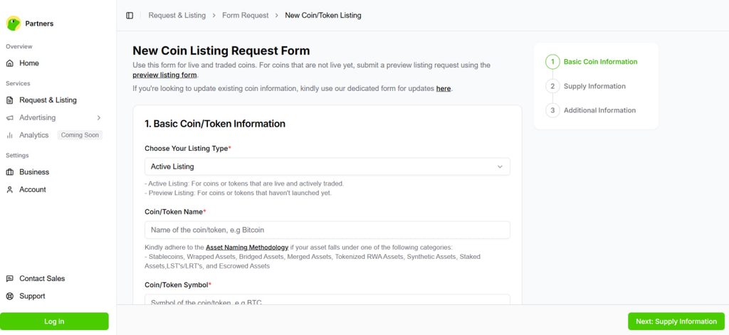 CoinGecko token listing request form