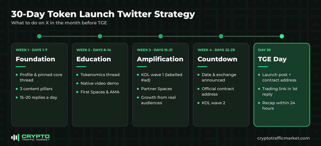 30-day token launch Twitter strategy infographic: week-by-week X plan before TGE